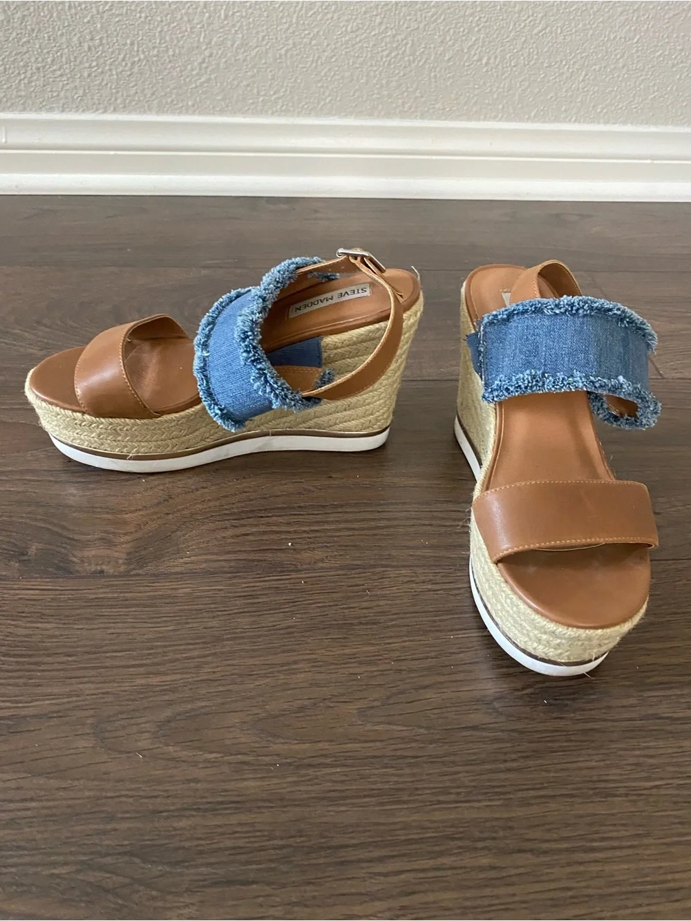 Steve Madden Tan Leather and Blue Denim Espadrille Wedge Sandals